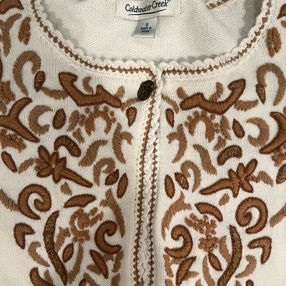 Coldwater Creek Cardigan Sweater. Embroidered. Cream with gold/tan accent Small - Picture 12 of 14